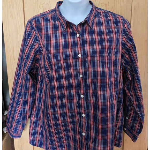 L.L. Bean Womens Wrinkle-Free Button-Up Plaid Shirt 2X Blue & Red 100% Cotton - Picture 1 of 9